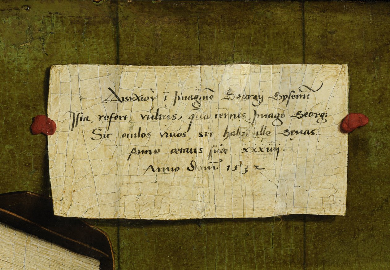 Fragment Portretu kupca Georga Gisze. Poemat łaciński (z greckim tytułem) autorstwa Hans Holbein der Jüngere