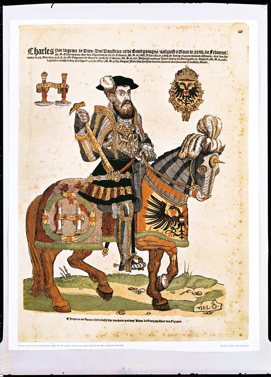 Portret konny Karola V w zbroi (1500-58) (kolor grawerowany) autorstwa Hans Liefrinck