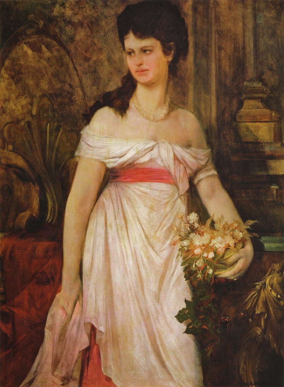 Polski: Portret damy stojącej w białej sukience autorstwa Hans Makart