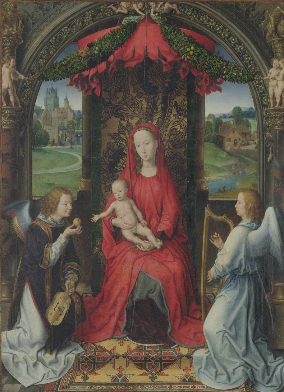 Madonna z Dzieciątkiem na tronie z dwoma aniołami, 1490-91 autorstwa Hans Memling