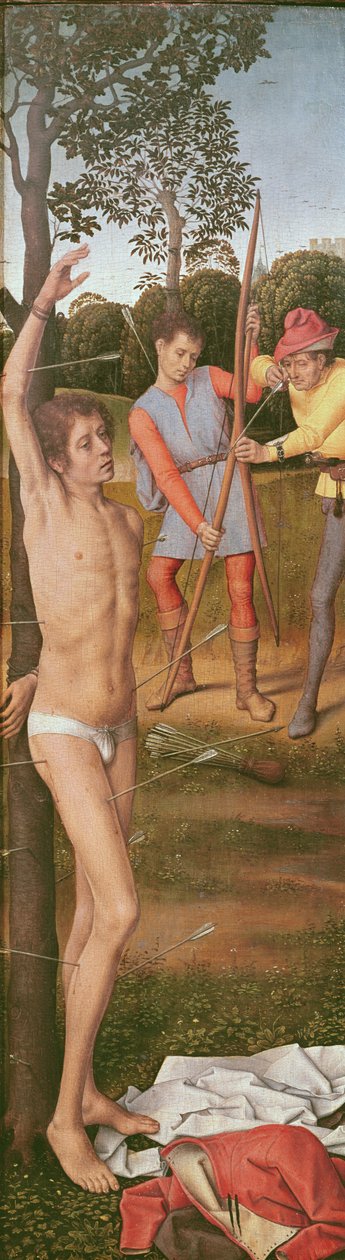 Tryptyk Zmartwychwstania, lewy panel: Męczeństwo św. Sebastiana, ok. 1485-90 (olej na dębie) autorstwa Hans Memling