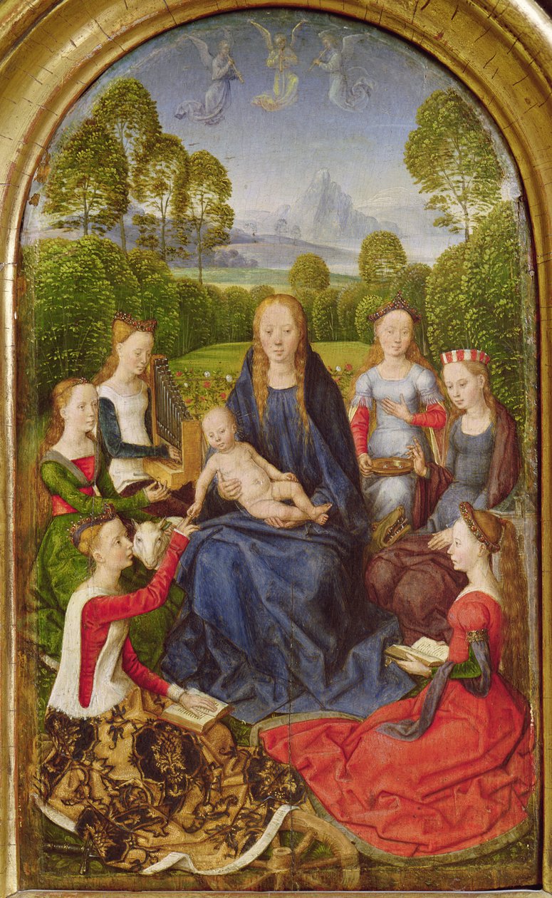 Dziewica z Dzieciątkiem ze świętymi, lewa deska z dyptyku Jean du Cellier, ok.1490 autorstwa Hans Memling