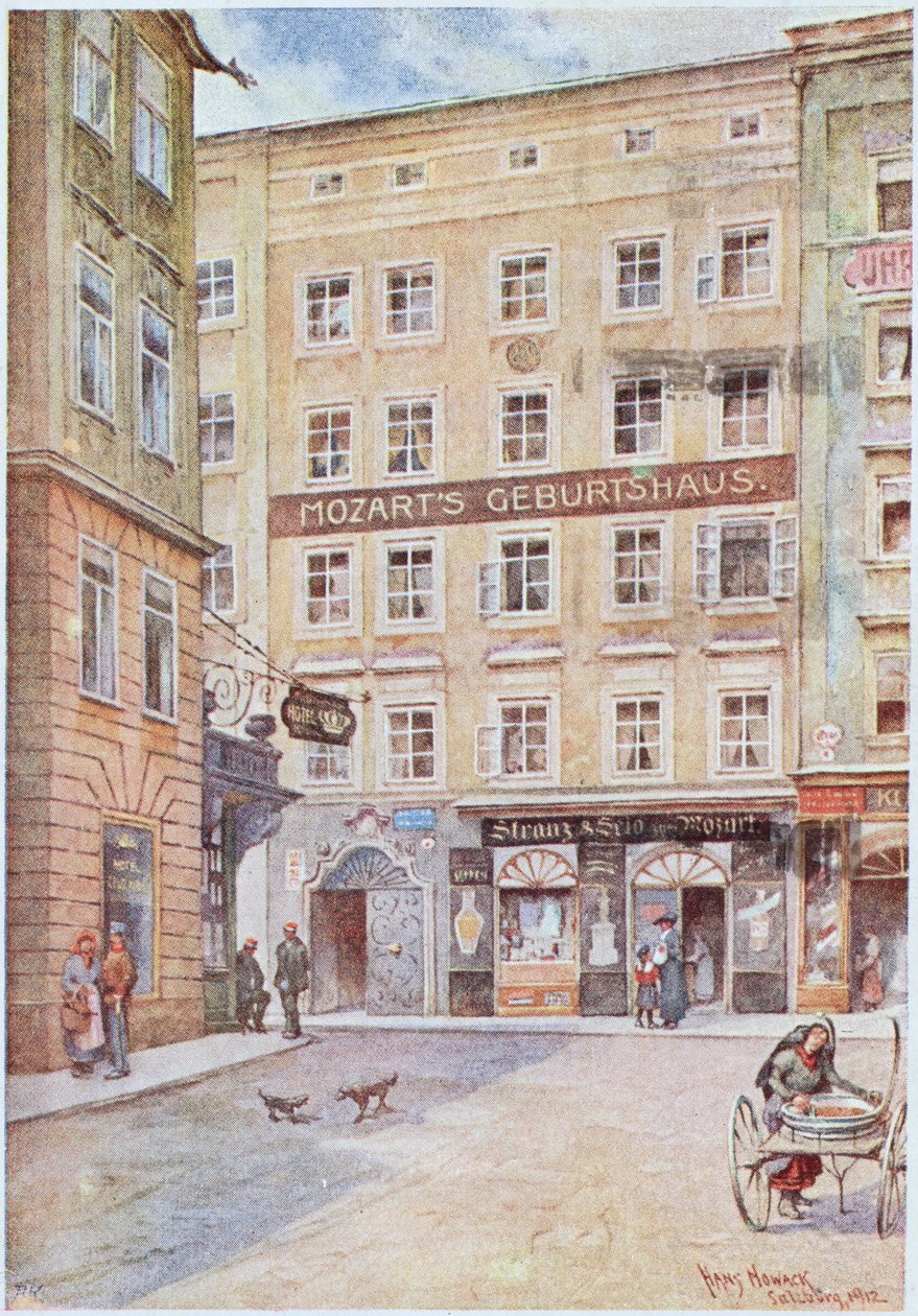 Pocztówka przedstawiająca dom w Salzburgu, w którym urodził się Wolfgang Amadeus Mozart (1756-91), 1912 r. autorstwa Hans Nowack
