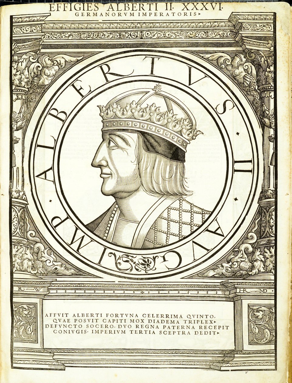 Albert II, ilustracja z „Cesarzy rzymskich całego Wschodu i Zachodu”, drzeworyt Rudolpha Wyssenbacha, druk Andreas Gesner, Zurych autorstwa Hans Rudolf Manuel Deutsch