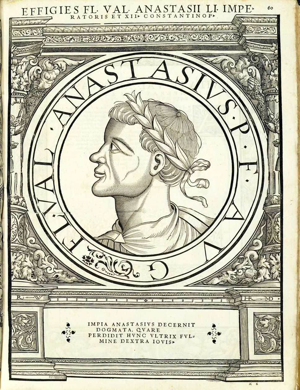 Anastazjusz I, ilustracja z "Imperatorum romanorum omnium orientalium et occidentalium verissimae imagines ex antiquis numismatis", drzeworyt Rudolpha Wyssenbacha, wydrukowany przez Andreasa Gesnera, Zurych. autorstwa Hans Rudolf Manuel Deutsch