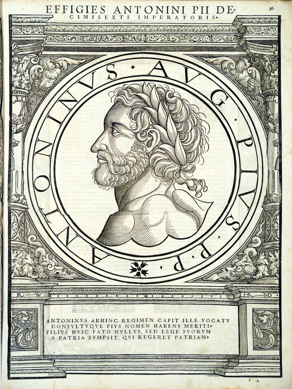 Antoninus Pius, ilustracja z Imperatorum romanorum omnium orientalium et occidentalium verissimae imagines ex antiquis numismatis, drzeworyt Rudolpha Wyssenbacha, wydrukowany przez Andreasa Gesnera, Zurych. autorstwa Hans Rudolf Manuel Deutsch