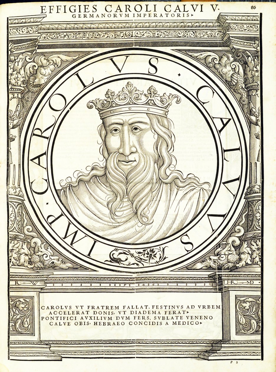 Carolus Caluus, ilustracja z "Imperatorum romanorum omnium orientalium et occidentalium verissimae imagines ex antiquis numismatis", drzeworyt Rudolpha Wyssenbacha, wydrukowany przez Andreasa Gesnera, Zuri autorstwa Hans Rudolf Manuel Deutsch