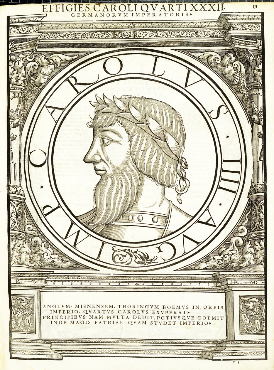 Carolus IIII, ilustracja z Imperatorum romanorum omnium orientalium et occidentalium verissimae imagines ex antiquis numismatis, drzeworyt Rudolpha Wyssenbacha, wydrukowany przez Andreasa Gesnera, Zurych, autorstwa Hans Rudolf Manuel Deutsch