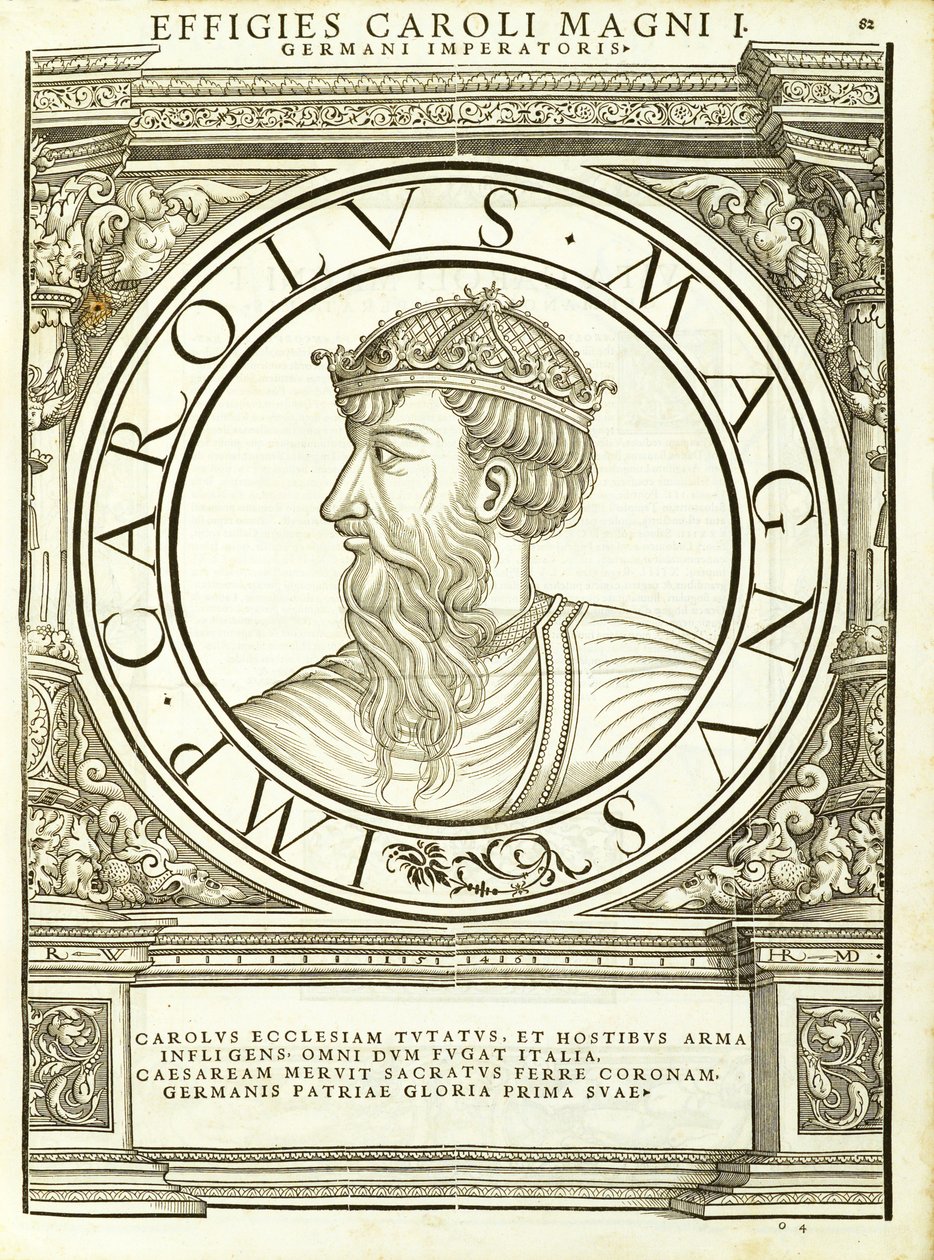 Carolus Magnus, ilustracja z Imperatorum romanorum omnium orientalium et occidentalium verissimae imagines ex antiquis numismatis, drzeworyt Rudolpha Wyssenbacha, wydrukowany przez Andreasa Gesnera, Zurych. autorstwa Hans Rudolf Manuel Deutsch