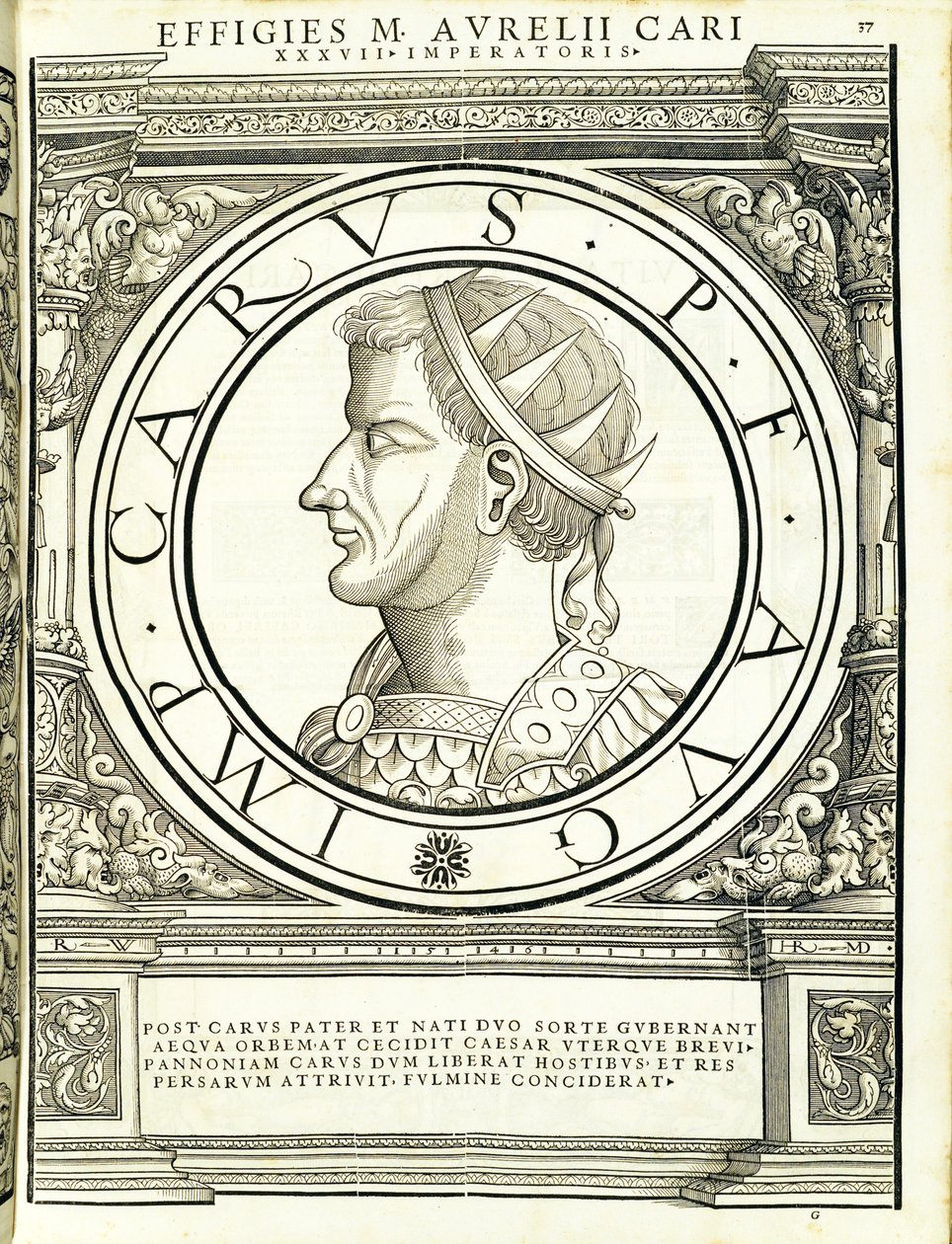 Carus, ilustracja z Imperatorum romanorum omnium orientalium et occidentalium verissimae imagines ex antiquis numismatis, drzeworyt Rudolpha Wyssenbacha, wydrukowany przez Andreasa Gesnera, Zurych, 1559 wo. autorstwa Hans Rudolf Manuel Deutsch