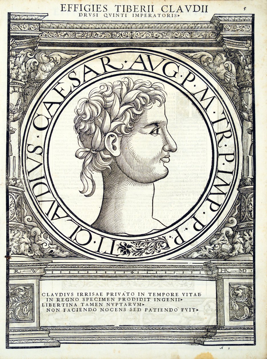 Claudius Caesar, ilustracja z Imperatorum romanorum omnium orientalium et occidentalium verissimae imagines ex antiquis numismatis, drzeworyt Rudolpha Wyssenbacha, wydrukowany przez Andreasa Gesnera, Zuric autorstwa Hans Rudolf Manuel Deutsch