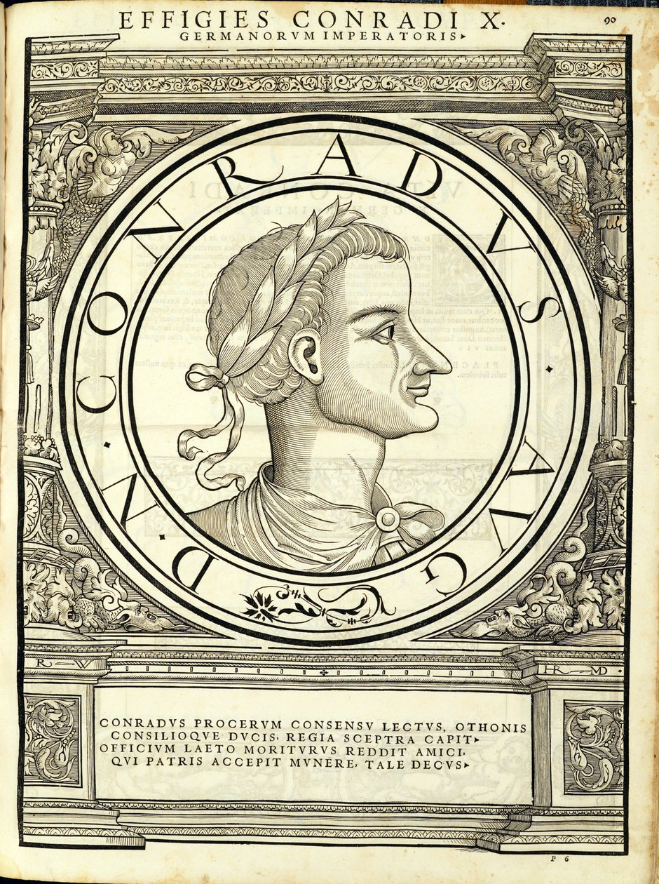Konrad I, ilustracja z cesarzy rzymskich całego Wschodu i Zachodu, najbardziej autentyczne wizerunki antycznych monet, drzeworyt Rudolpha Wyssenbacha, druk Andreas Gesner, Zurych, 15. autorstwa Hans Rudolf Manuel Deutsch