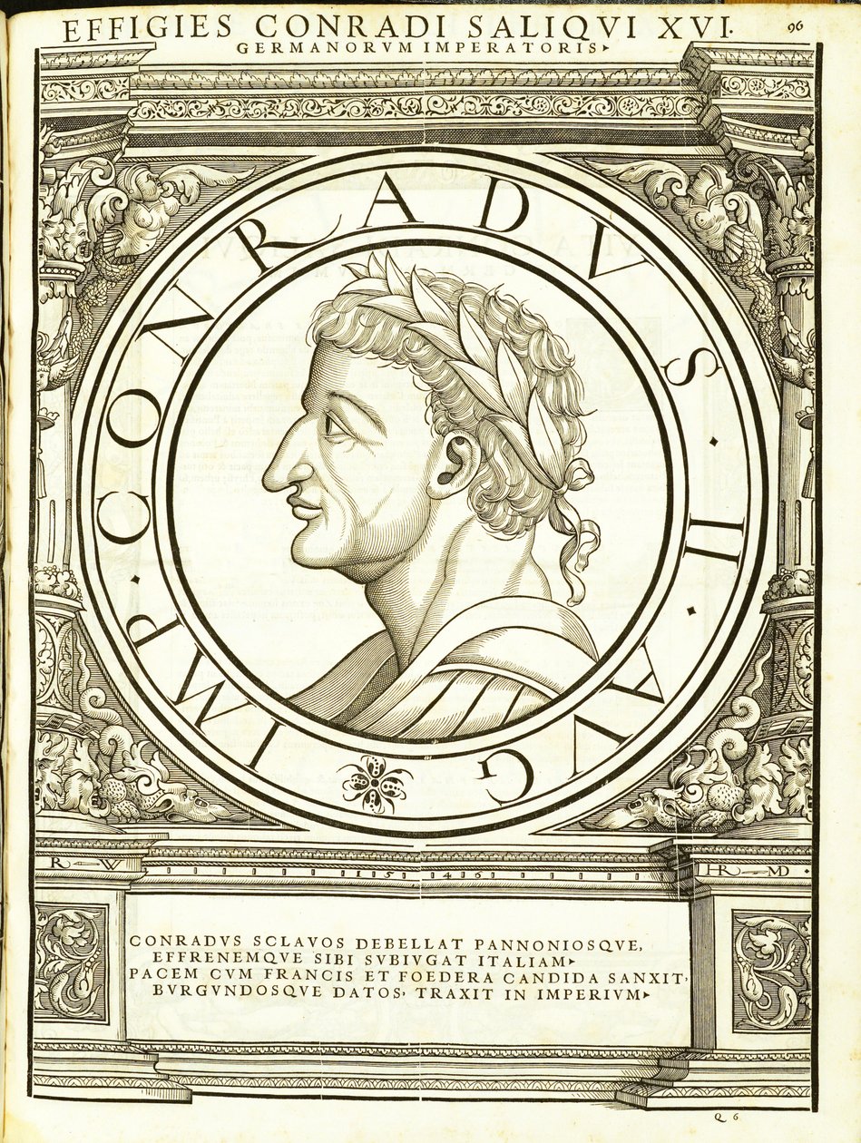 Conradus II Saliquus, ilustracja z Imperatorum romanorum omnium orientalium et occidentalium verissimae imagines ex antiquis numismatis, drzeworyt Rudolpha Wyssenbacha, wydrukowany przez Andreasa Gesnera, autorstwa Hans Rudolf Manuel Deutsch