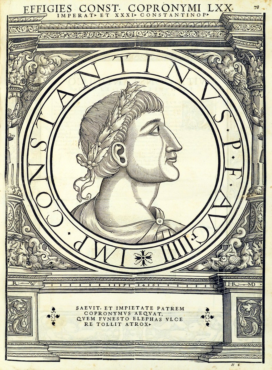 Constantinus Copronymus, ilustracja z "Imperatorum romanorum omnium orientalium et occidentalium verissimae imagines ex antiquis numismatis", drzeworyt Rudolpha Wyssenbacha, wydrukowany przez Andreasa Gesa. autorstwa Hans Rudolf Manuel Deutsch