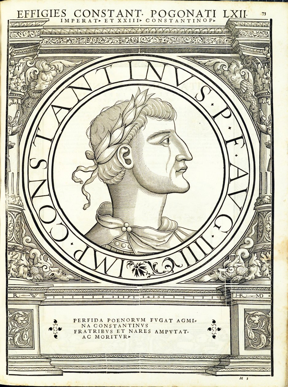 Constantinus Pogonatus, ilustracja z „Cesarzy rzymskich całego Wschodu i Zachodu”, drzeworyt Rudolpha Wyssenbacha, druk Andreas Gesn autorstwa Hans Rudolf Manuel Deutsch
