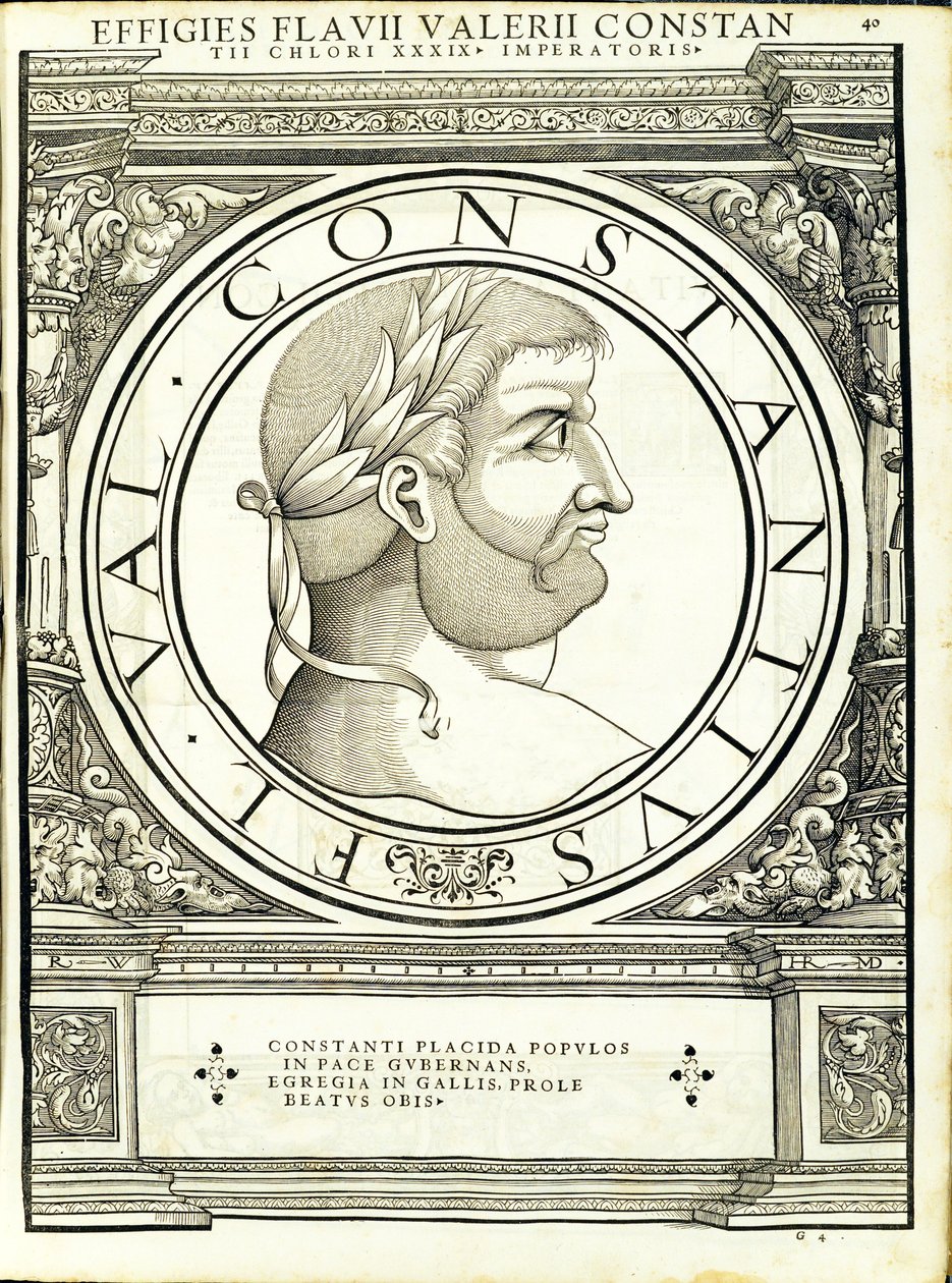 Konstancjusz Chlorus, ilustracja z „Cesarzy rzymskich całego Wschodu i Zachodu”, drzeworyt Rudolpha Wyssenbacha, druk Andreas Gesner, autorstwa Hans Rudolf Manuel Deutsch