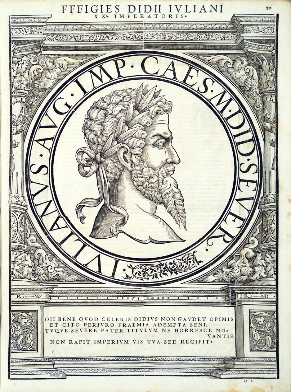 Didius Julianus, ilustracja z Imperatorum romanorum omnium orientalium et occidentalium verissimae imagines ex antiquis numismatis, drzeworyt Rudolpha Wyssenbacha, wydrukowany przez Andreasa Gesnera, Zuric autorstwa Hans Rudolf Manuel Deutsch