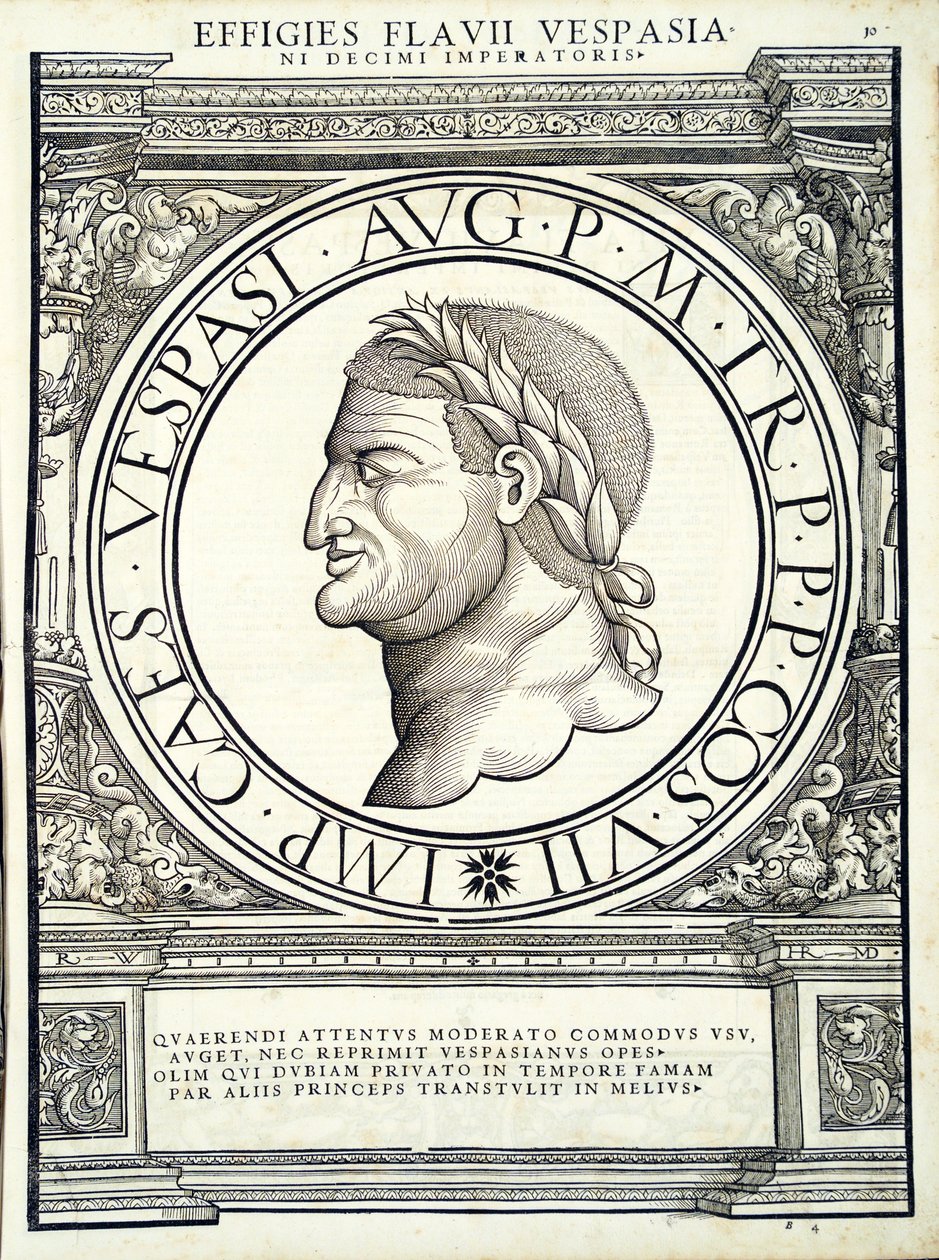 Flavius Vespasianus, ilustracja z Imperatorum romanorum omnium orientalium et occidentalium verissimae imagines ex antiquis numismatis, drzeworyt Rudolpha Wyssenbacha, wydrukowany przez Andreasa Gesnera, Z autorstwa Hans Rudolf Manuel Deutsch