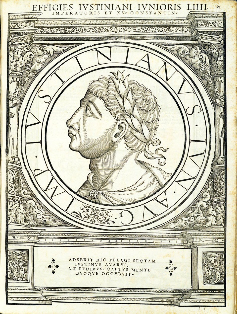 Iustinianus II, ilustracja z Imperatorum romanorum omnium orientalium et occidentalium verissimae imagines ex antiquis numismatis, drzeworyt Rudolpha Wyssenbacha, wydrukowany przez Andreasa Gesnera, Zurych. autorstwa Hans Rudolf Manuel Deutsch