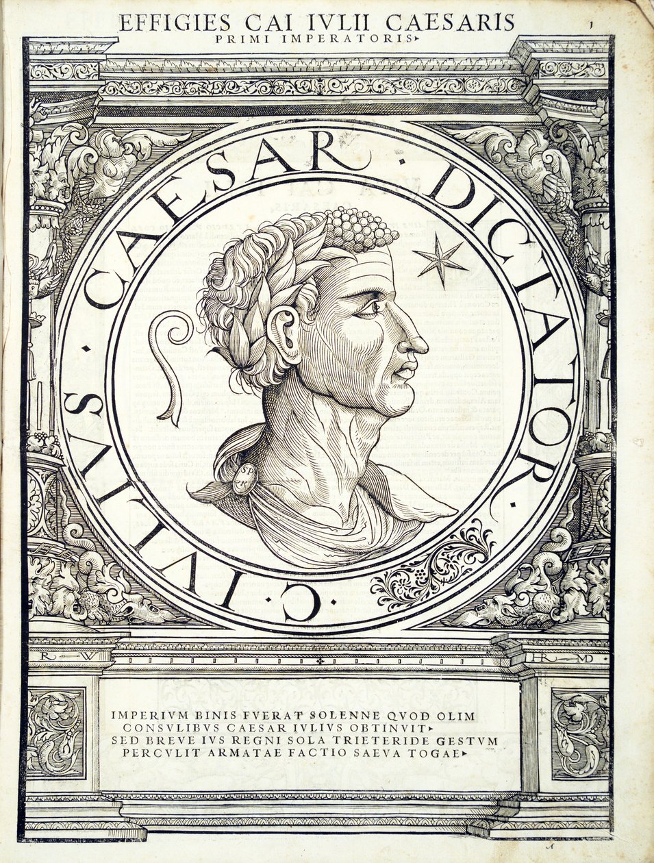 Juliusz Cezar, ilustracja z Imperatorum romanorum omnium orientalium et occidentalium verissimae imagines ex antiquis numismatis, drzeworyt Rudolpha Wyssenbacha, wydrukowany przez Andreasa Gesnera, Zurych, autorstwa Hans Rudolf Manuel Deutsch