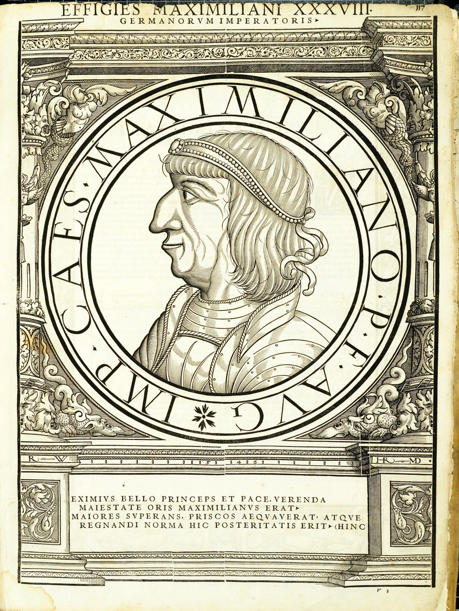 Maximilianus, ilustracja z Imperatorum romanorum omnium orientalium et occidentalium verissimae imagines ex antiquis numismatis, drzeworyt Rudolpha Wyssenbacha, wydrukowany przez Andreasa Gesnera, Zurych, autorstwa Hans Rudolf Manuel Deutsch