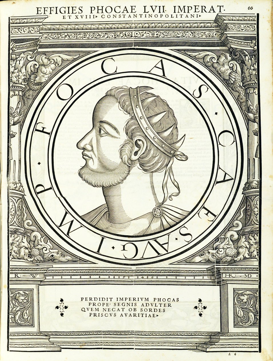 Phocas, ilustracja z Imperatorum romanorum omnium orientalium et occidentalium verissimae imagines ex antiquis numismatis, drzeworyt Rudolpha Wyssenbacha, wydrukowany przez Andreasa Gesnera, Zurych, 1559 w autorstwa Hans Rudolf Manuel Deutsch