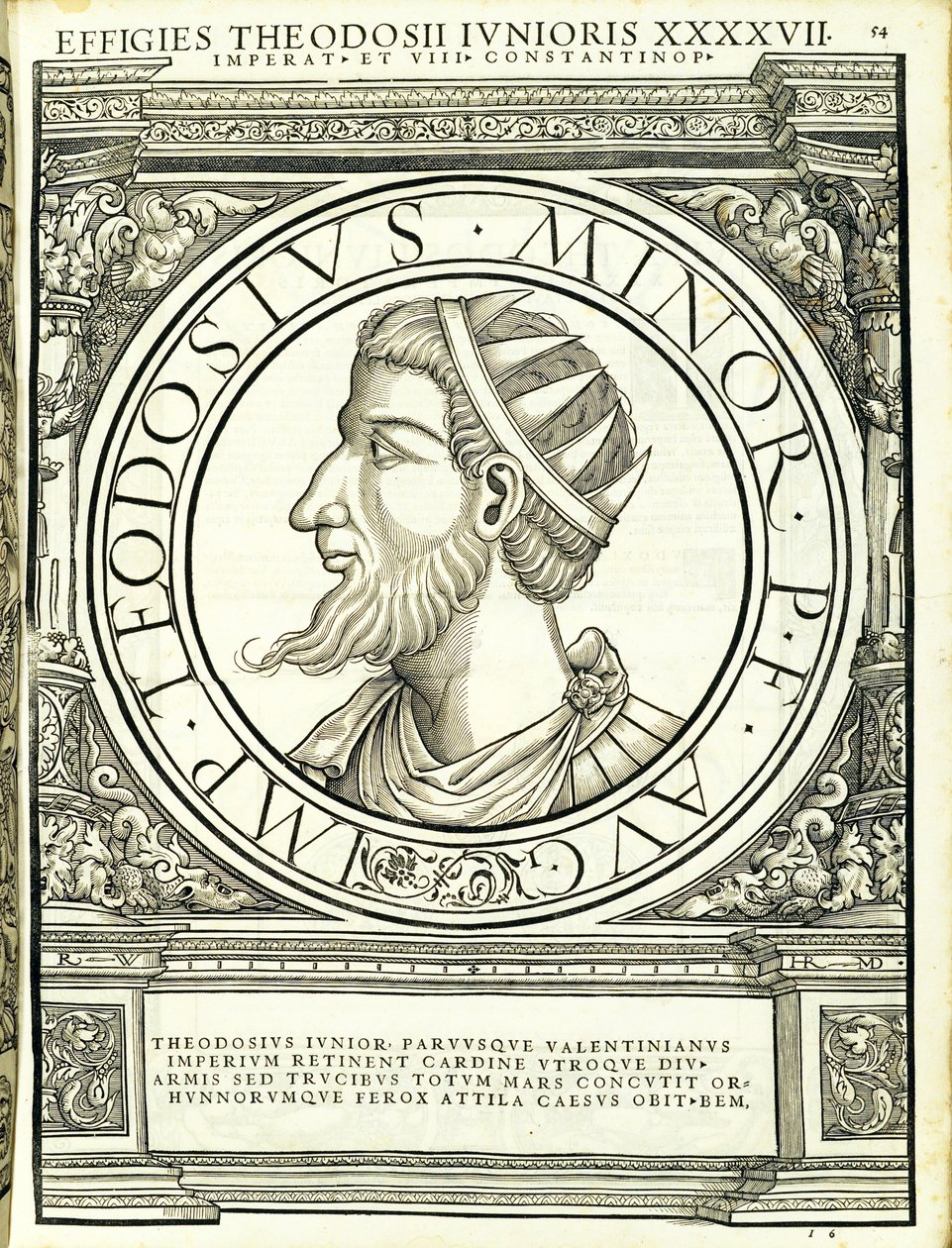 Teodozjusz Młodszy, ilustracja z „Cesarzy rzymskich całego Wschodu i Zachodu”, drzeworyt Rudolpha Wyssenbacha, druk Andreas Gesner, Z autorstwa Hans Rudolf Manuel Deutsch
