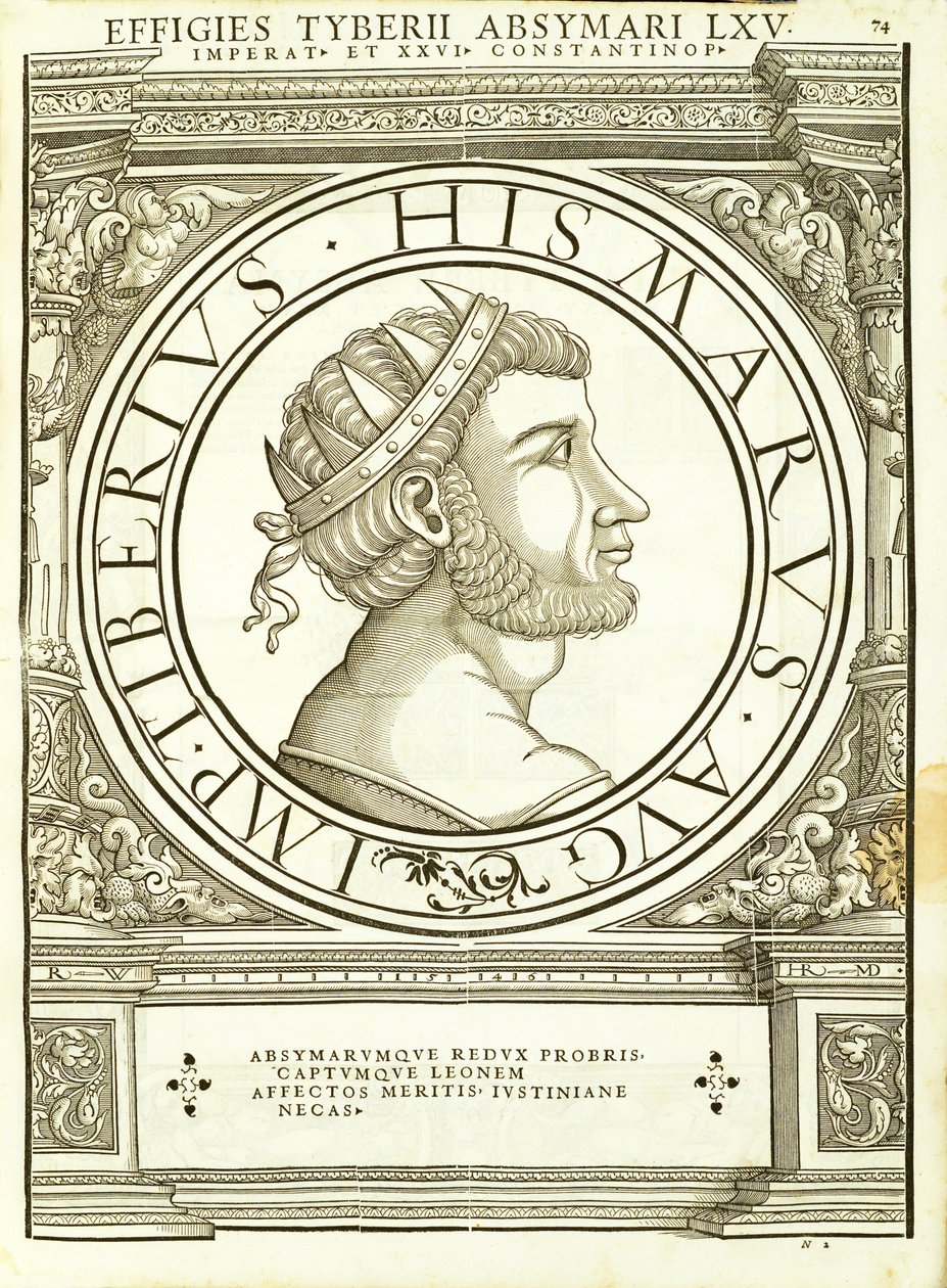 Tiberius Absymarus, ilustracja z Imperatorum romanorum omnium orientalium et occidentalium verissimae imagines ex antiquis numismatis, drzeworyt Rudolpha Wyssenbacha, wydrukowany przez Andreasa Gesnera, Zu autorstwa Hans Rudolf Manuel Deutsch