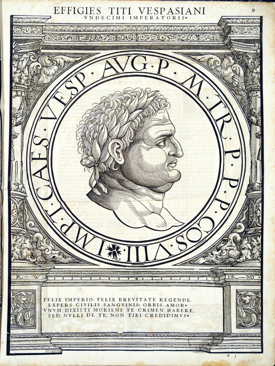Titus Vespasianus, ilustracja z Imperatorum romanorum omnium orientalium et occidentalium verissimae imagines ex antiquis numismatis, drzeworyt Rudolpha Wyssenbacha, wydrukowany przez Andreasa Gesnera, Zur autorstwa Hans Rudolf Manuel Deutsch