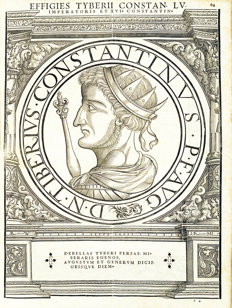 Tyberius Constantinus, ilustracja z Imperatorum romanorum omnium orientalium et occidentalium verissimae imagines ex antiquis numismatis, drzeworyt Rudolpha Wyssenbacha, wydrukowany przez Andreasa Gesnera, autorstwa Hans Rudolf Manuel Deutsch
