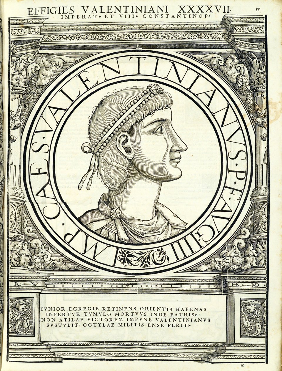 Valentinianus III, ilustracja z Imperatorum romanorum omnium orientalium et occidentalium verissimae imagines ex antiquis numismatis, drzeworyt Rudolpha Wyssenbacha, wydrukowany przez Andreasa Gesnera, Zur autorstwa Hans Rudolf Manuel Deutsch