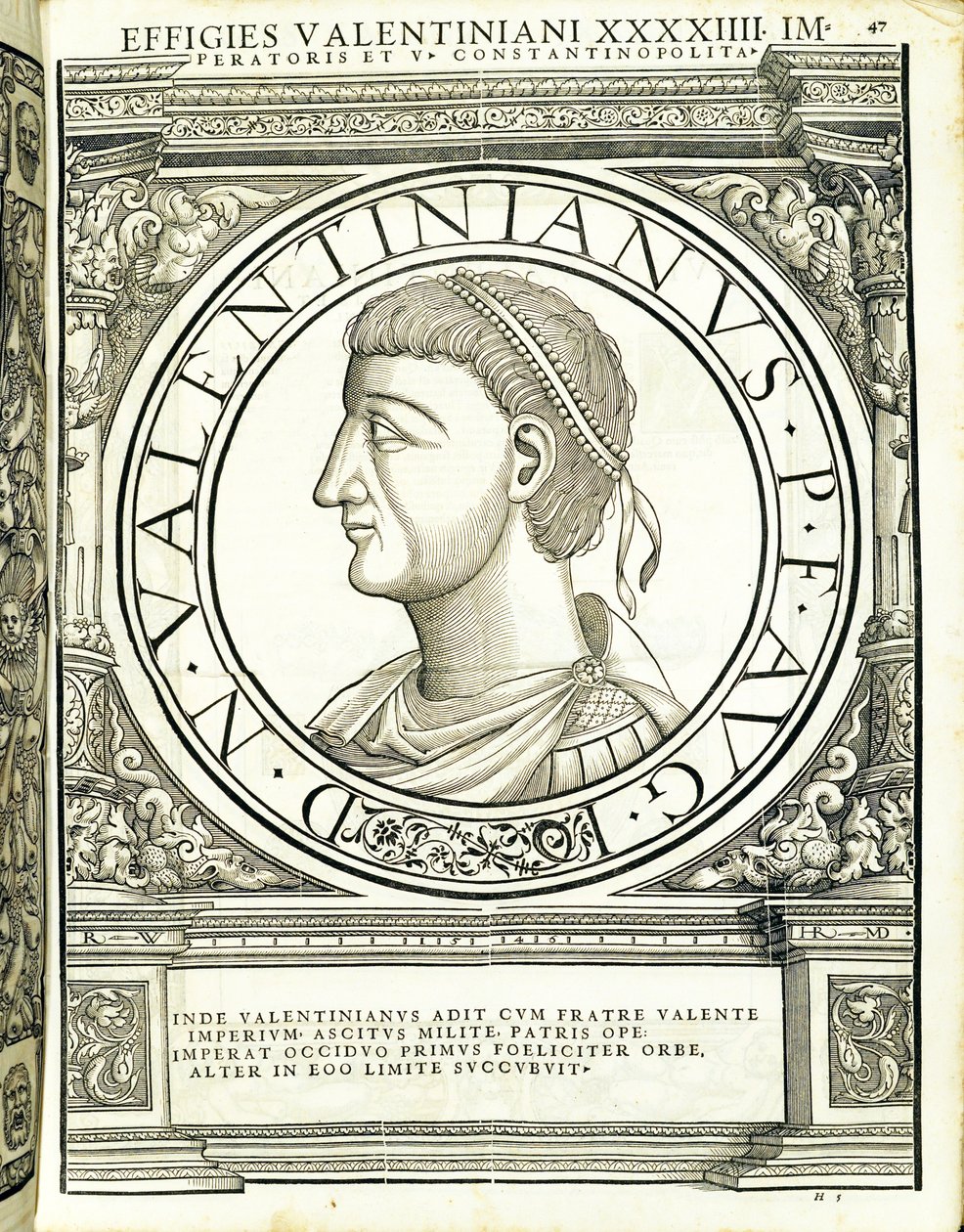 Valentinianus, ilustracja z Imperatorum romanorum omnium orientalium et occidentalium verissimae imagines ex antiquis numismatis, drzeworyt Rudolpha Wyssenbacha, wydrukowany przez Andreasa Gesnera, Zurych, autorstwa Hans Rudolf Manuel Deutsch