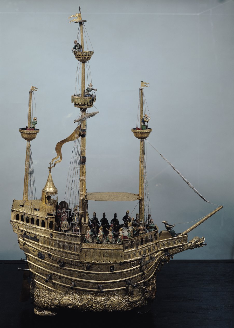 Automatyczny zegar Karola V w formie nef, ok.1580 (mosiądz i emalia) autorstwa Hans Schlottheim