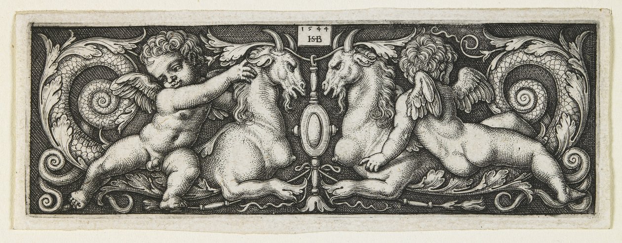 Ornament z dwoma geniuszami jeżdżącymi na dwóch chimerach, 1544 autorstwa Hans Sebald Beham