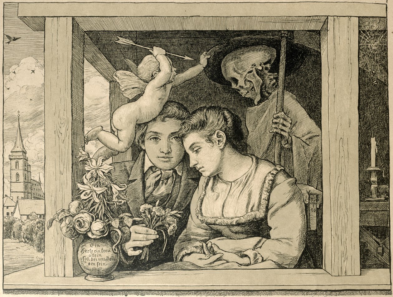 Żniwiarz Śmierć (Miłość i Śmierć, Nowożeńcy) 1896 (rycina na brązowym papierze) autorstwa Hans Thoma