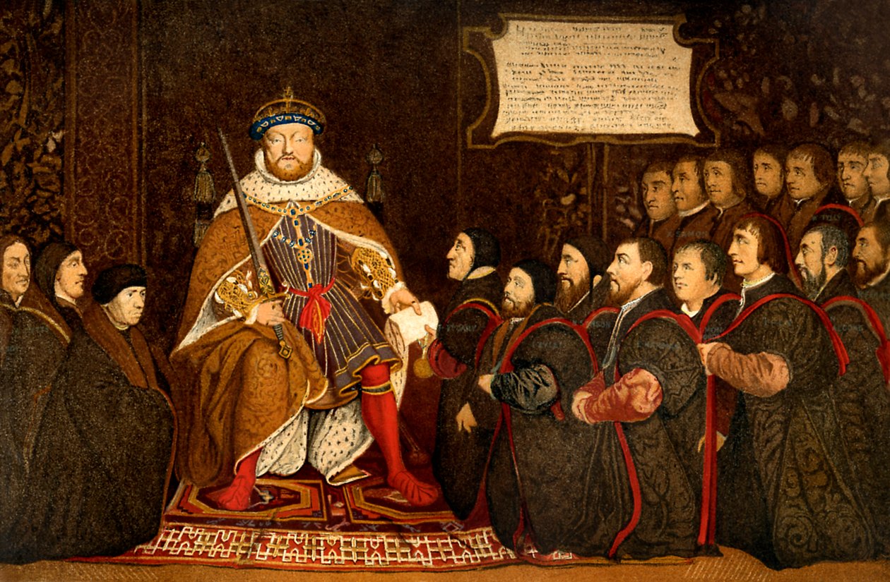 Henryk VIII i cyrulicy, ilustracja z "An Cyclopaedia of Costume...". autorstwa Hans (after) Holbein the Younger