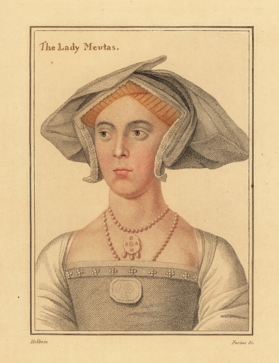 Joan, Lady Meutas, dama oczekująca na Jane Seymour. ,1812 (grawerowanie) autorstwa Hans (after) Holbein the Younger