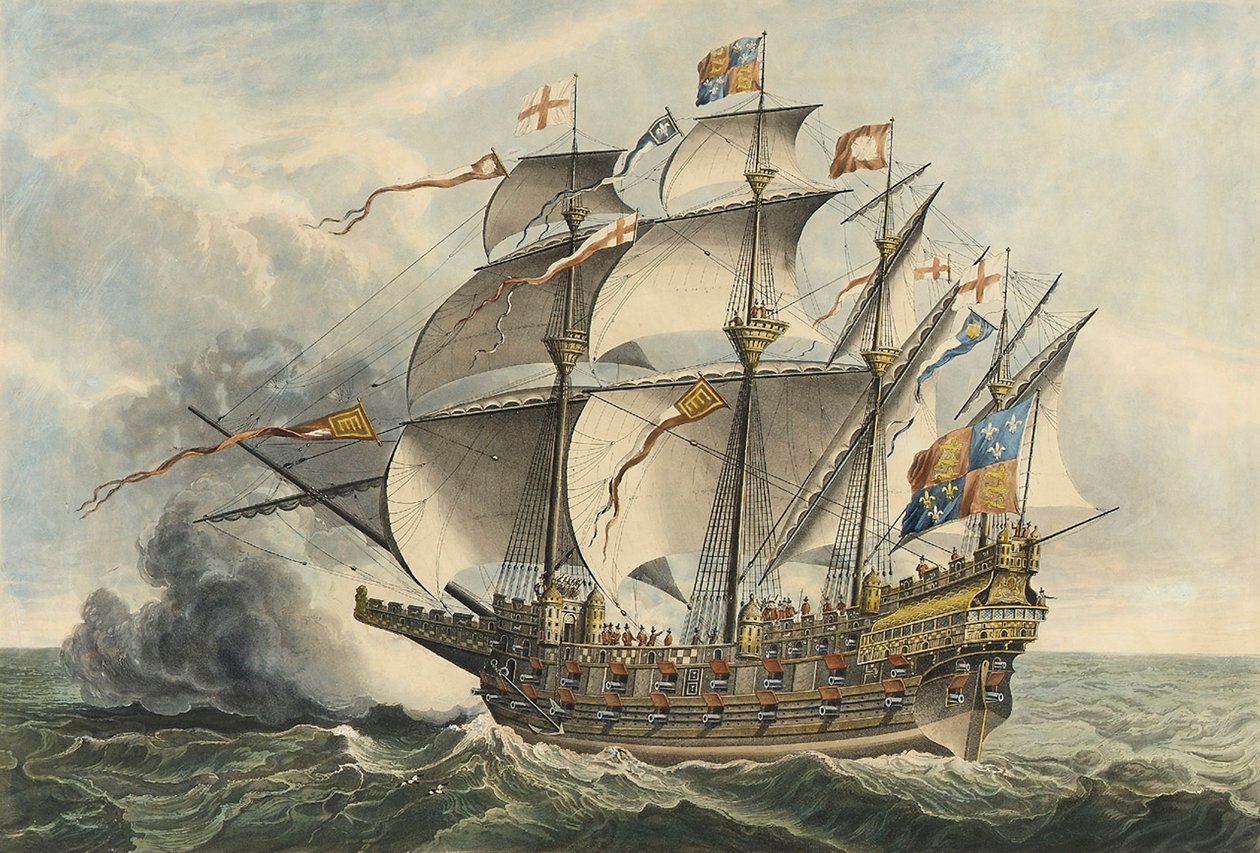 "Wielki Harry" - pierwszy okręt wojenny wyposażony w działa, zbudowany w Woolwich za panowania Henryka VIII. autorstwa Hans (after) Holbein the Younger