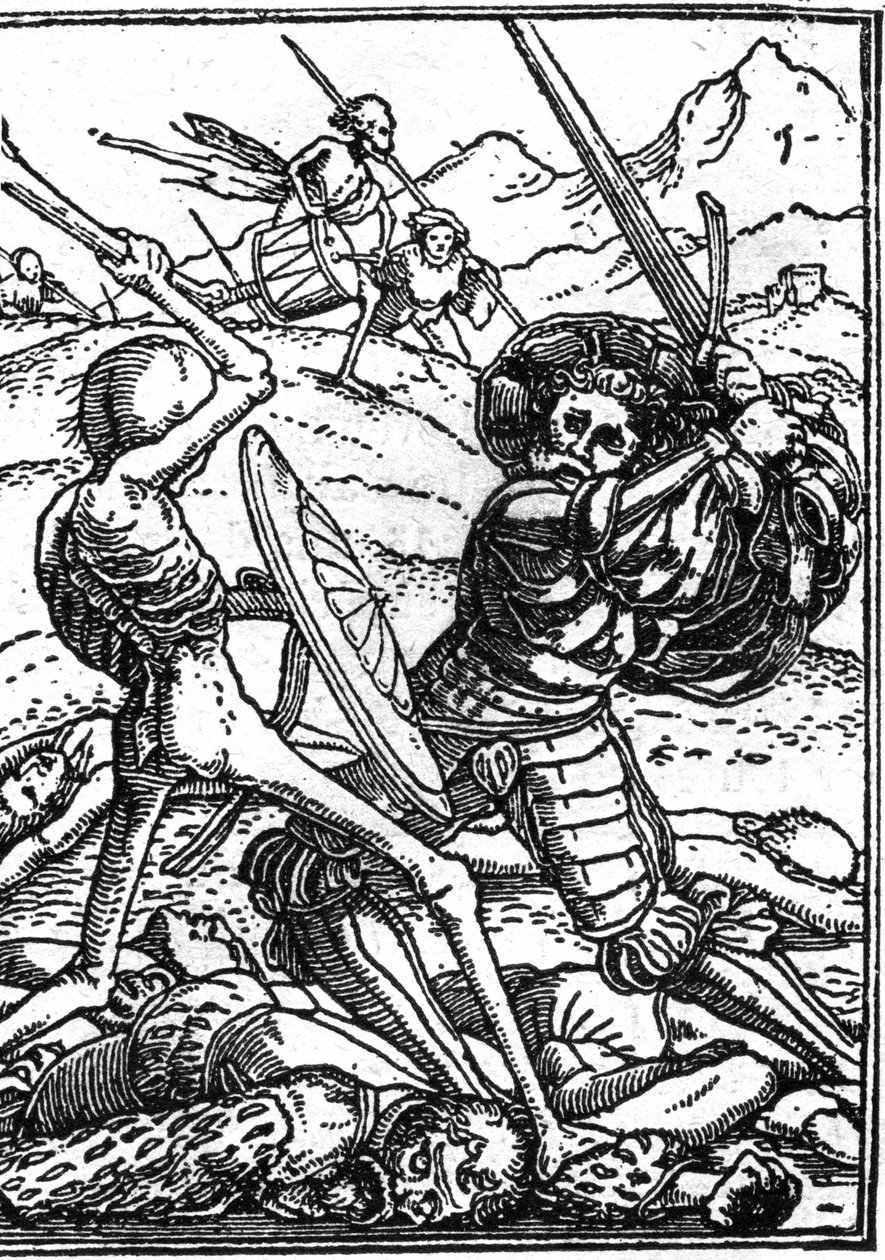 Udawana śmierć Hansa Holbeina Młodego (1497-1543): żołnierza. Żołnierz walczy ze Śmiercią; u ich stóp leżą ciała innych wojowników. Rytownictwo. autorstwa Hans (after) Holbein the Younger