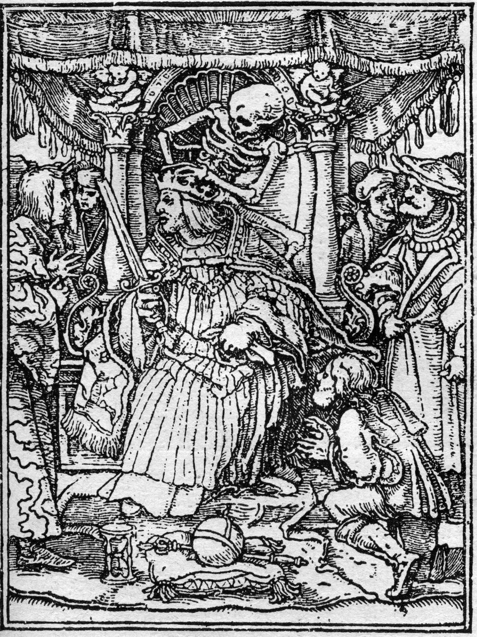 Symulakony śmierci Hansa Holbeina Młodego (1497-1543): cesarza. Śmierć odbiera cesarzowi koronę, a chłop błaga go o sprawiedliwość. Rytownictwo. autorstwa Hans (after) Holbein the Younger