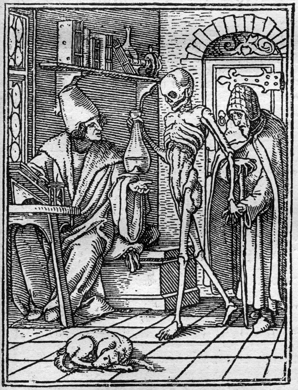 Symulakony śmierci Hansa Holbeina Młodszego (1497-1543): lekarz. Śmierć pojawia się między lekarzem a jego pacjentem. Rytownictwo. autorstwa Hans (after) Holbein the Younger