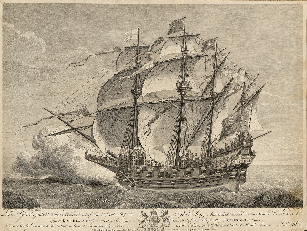 Druk ten jest dokładnym odwzorowaniem okrętu "Wielki Harry" zbudowanego w stoczni Jego Królewskiej Mości w Woolwich za panowania króla Henryka VIII Anno 1514... autorstwa Hans (after) Holbein the Younger