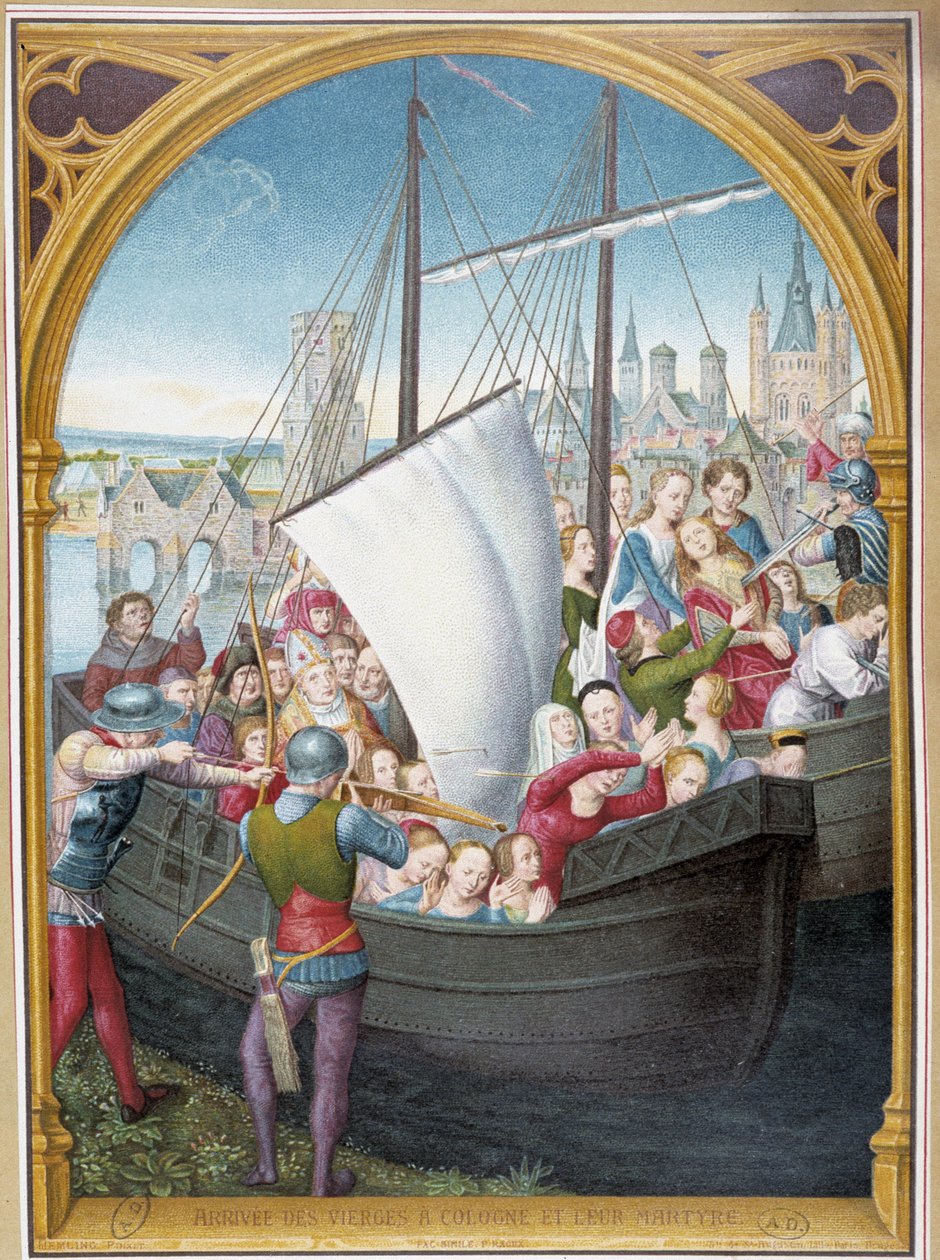 Lądowanie dziewic w Kolonii i ich męczeństwo, od ap. szachy św. Urszuli, Brugia, autorstwa Memling autorstwa Hans (after) Memling