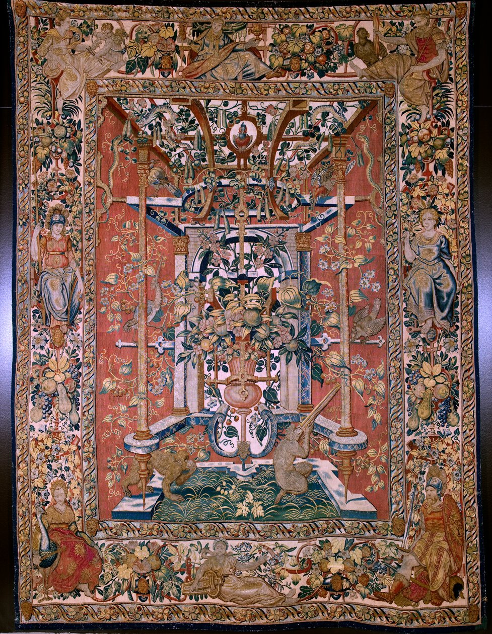 Gobelin flamandzki. Seria grotesek z małpami: małpy strzelające z arkebuza. Rysownik Hans Vredeman de Vries (?). Atelier Seger Bombeck w Brukseli. 1542-1560. autorstwa Hans (after) Vredeman de Vries