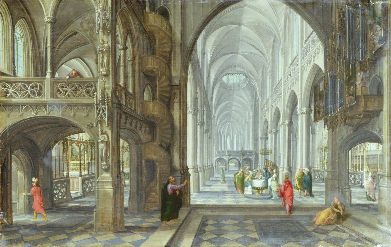 Wnętrze kościoła gotyckiego z obrzezaniem Chrystusa w nawie głównej, ok. 1600 (olej na płótnie) autorstwa Hans (after) Vredeman de Vries