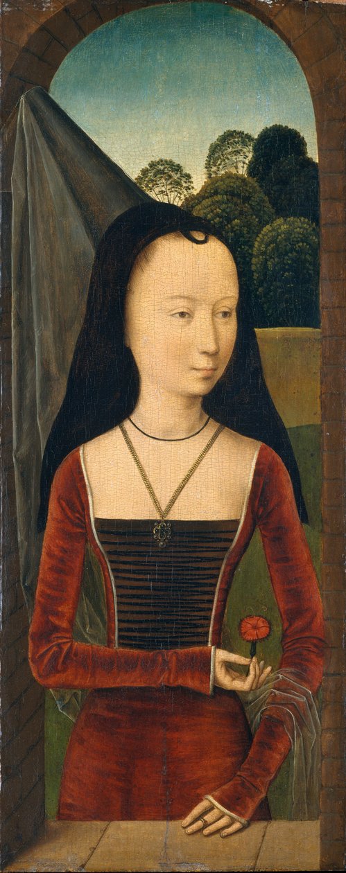 Młoda kobieta z różem, ok. 1485-90 (olej na drewnie) autorstwa Hans (attr.to) Memling