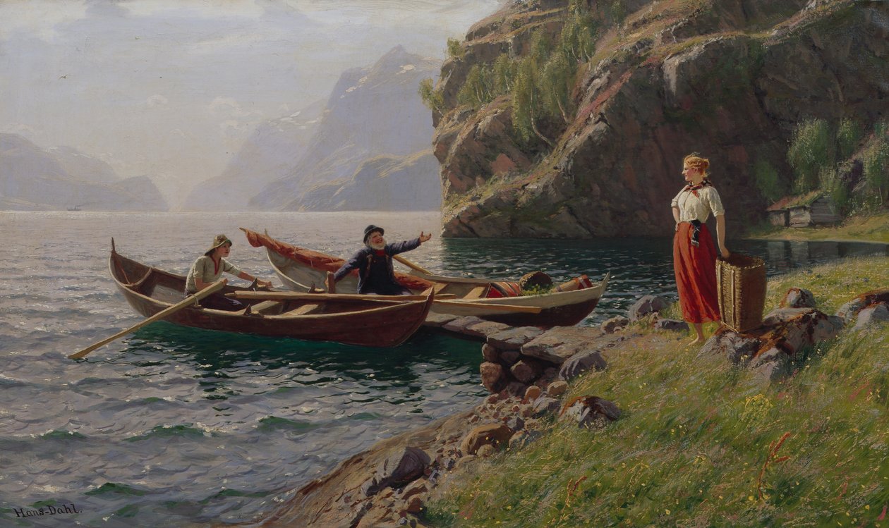 Życie codzienne w fiordach (olej na płótnie) autorstwa Hans Andreas Dahl