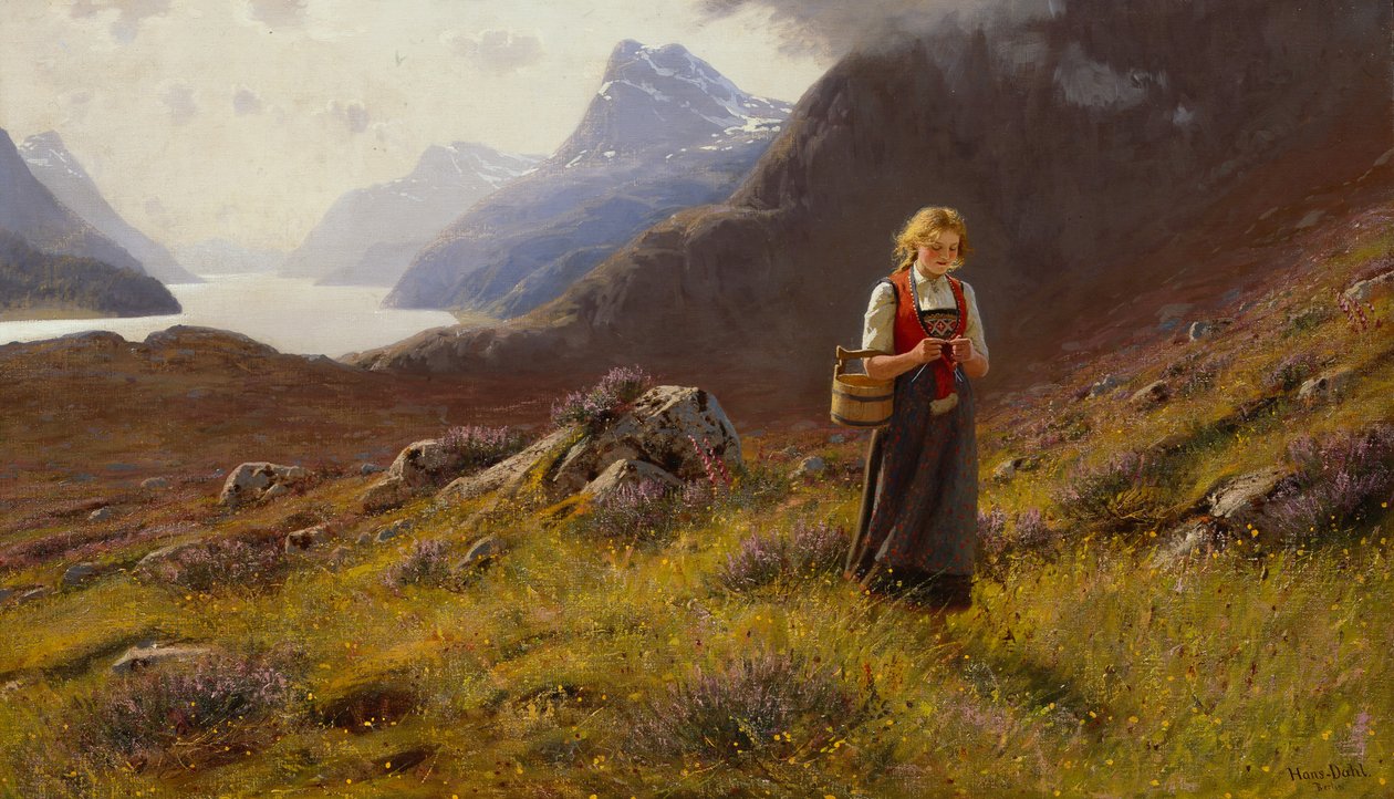 Knitting Dairymaid (olej na płótnie) autorstwa Hans Andreas Dahl