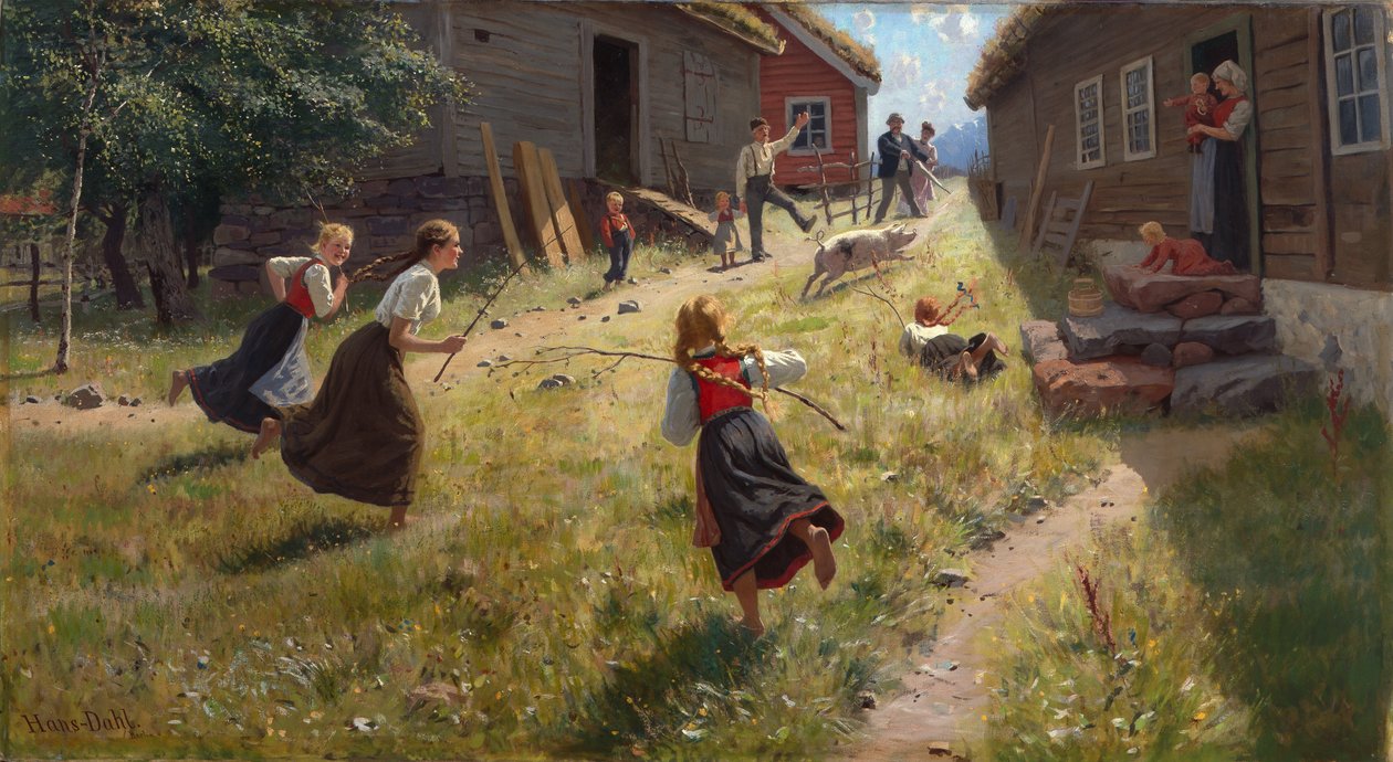 Świnia jest luźna (olej na płótnie) autorstwa Hans Andreas Dahl