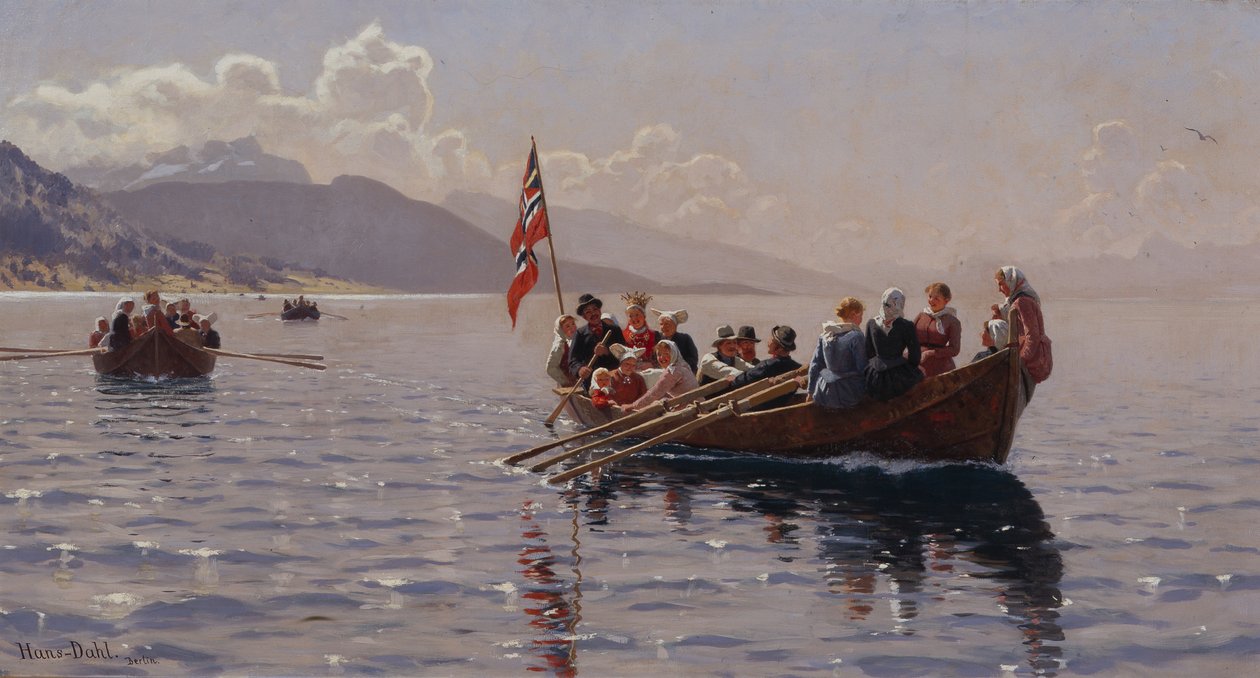 Procesja ślubna w Sognefjord (olej na płótnie) autorstwa Hans Andreas Dahl